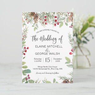 Convite Pine Red Berry Winter Greenery Wedding