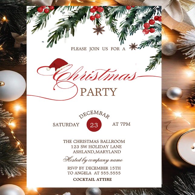 Convite Pine Tree Branches Santa Hat, Natal da Companhia (Criador carregado)