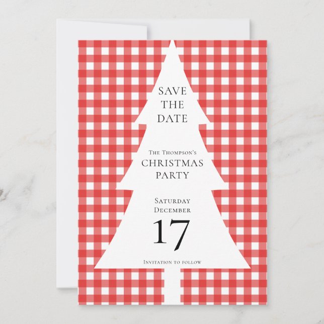 Convite Pine Tree Christmas Red Gingham Salve a Data (Frente)