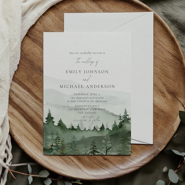 Convite Pine tree, foggy mountais Rustic Wedding  (Criador carregado)