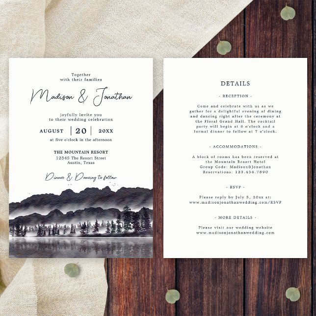 Convite Pine Tree Forest Monges Em Um Casamento (Front/Back)