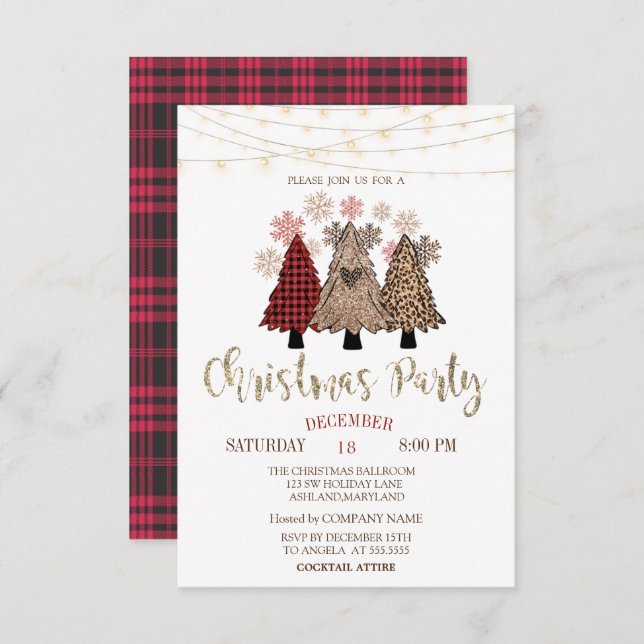 Convite Pine Trees, Luzes, Xadrez de Buffalo Festa de Nata (Frente/Verso)