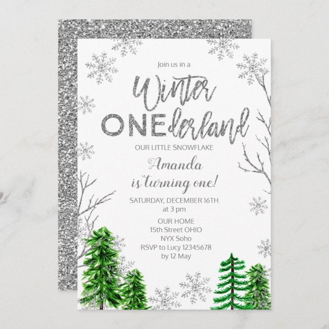 Convite Pine Trees Winter ONEderland First Birthday Invite (Frente/Verso)