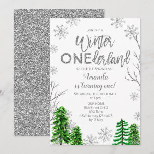 Convite Pine Trees Winter ONEderland First Birthday Invite