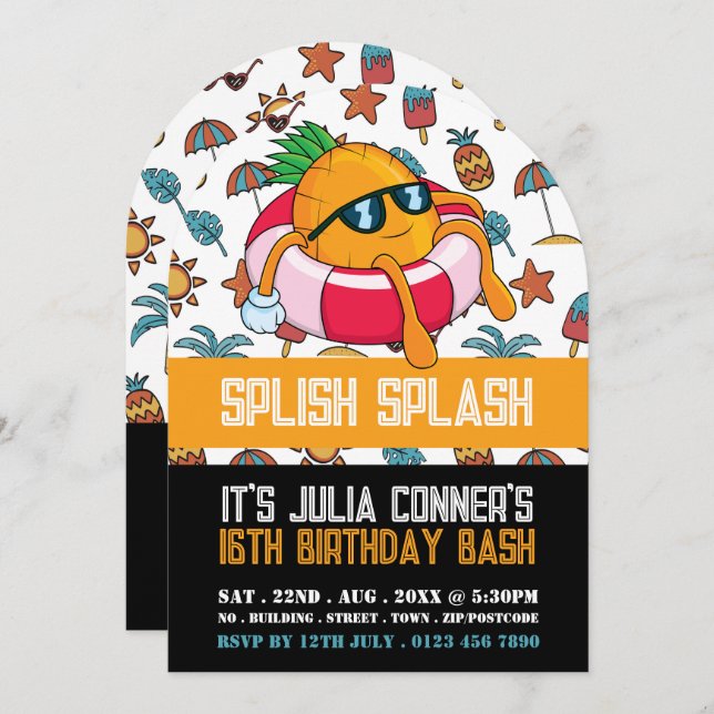 Convite Pineapple Float, Aniversário da Piscina (Frente/Verso)