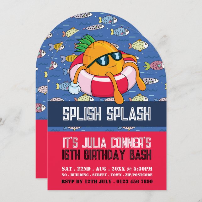 Convite Pineapple Float, Festa de Piscina de Peixes de Car (Frente/Verso)