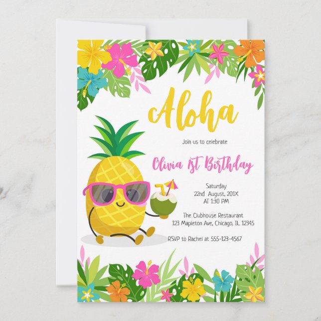 Convite Pineapple Girl Birthday Aloha Hawaii Summer (Frente)