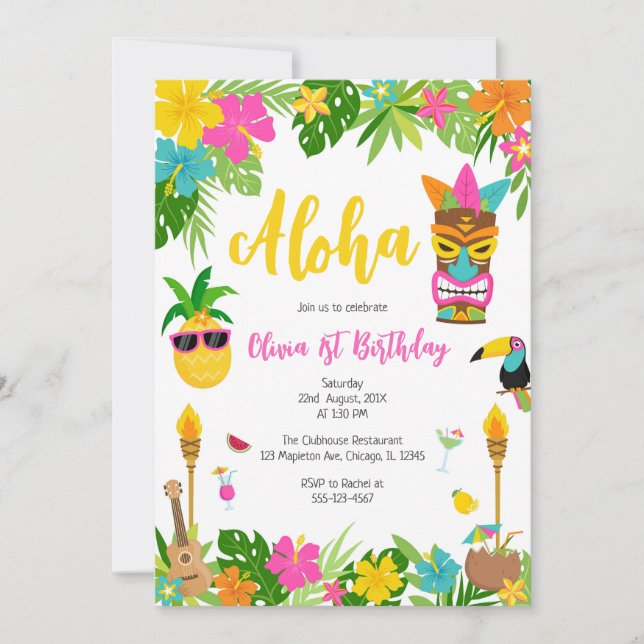 Convite Pineapple Girl Birthday Aloha Hawaii Summer (Frente)