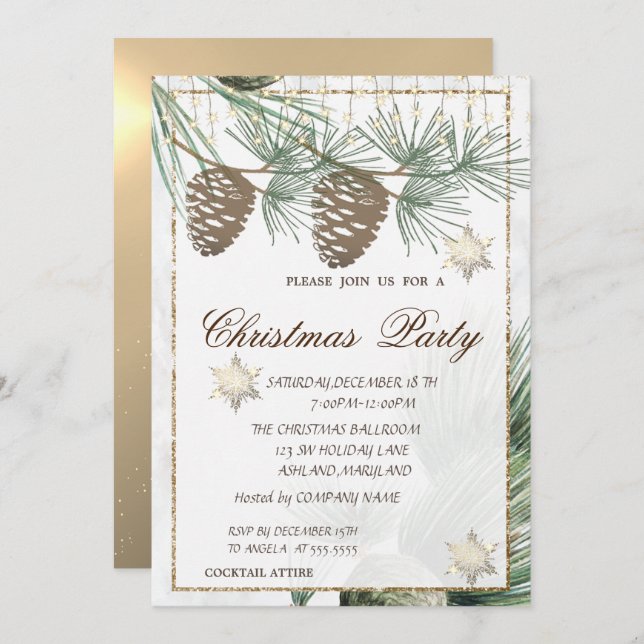 Convite Pinecones, Flocos de Neve Dourado Natal Corporado (Frente/Verso)