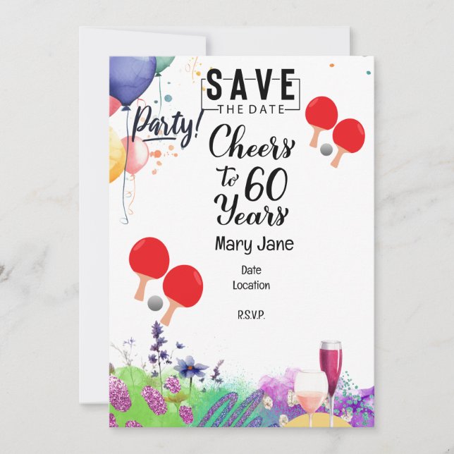 Convite Ping pong 60º Aniversário com pá e flor (Frente)