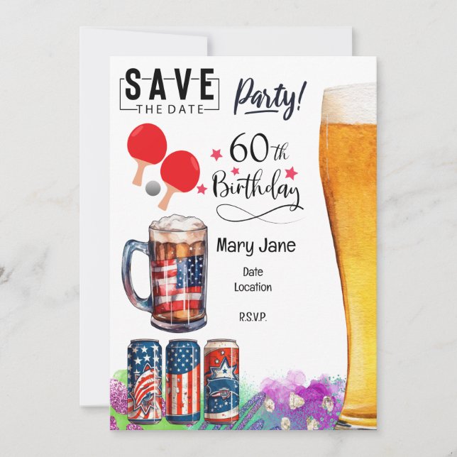 Convite Ping pong 60th Birthday com remo e cerveja (Frente)