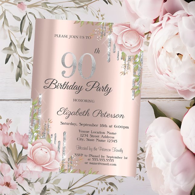Convite Pingentes Rosa Dourado Flores Aniversário de 90 an (Criador carregado)