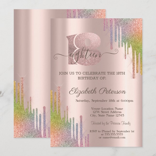 Convite Pingo de Brilho Arco-Íris Rosa Dourado Aniversário (Frente/Verso)