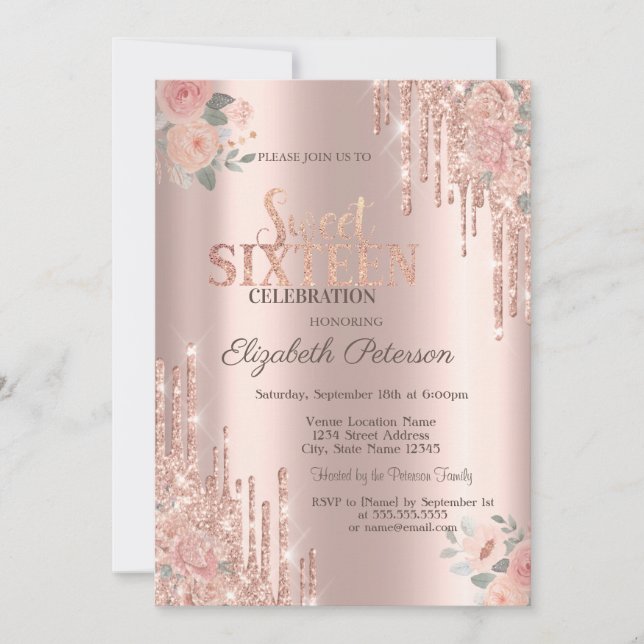 Convite Pingo de Brilho Boho Rosas Dourado Rosa  Doce 16 (Frente)