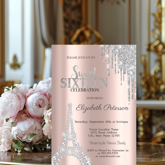 Convite Pingo de Brilho,Diamantes Torre Eiffel Sweet 16  (Criador carregado)