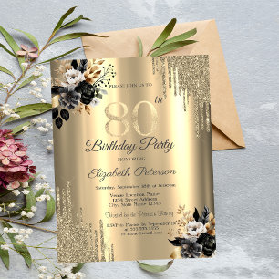 Convite Pingo de Brilho Dourado Rosas Pretas 80º Aniversár