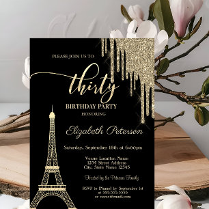 Convite Pingo de Brilho Dourado, Torre Eiffel Aniversário 