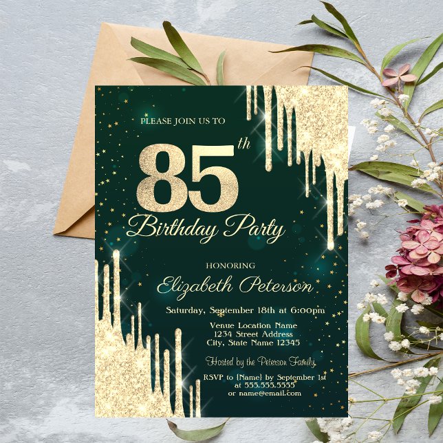 Convite Pingo de Brilho Dourado Verde Aniversário de 85 An (Criador carregado)