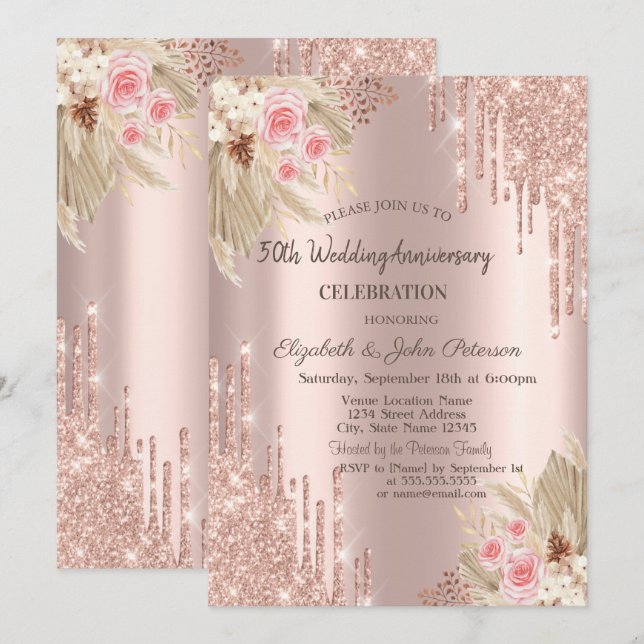 Convite Pingo de Brilho, Flor Rosa Dourado Casamento Anive (Frente/Verso)