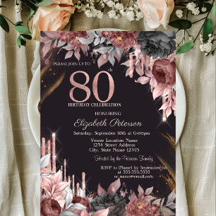 Convite Pingo de Brilho Floral Escuro Aniversário de 80 an