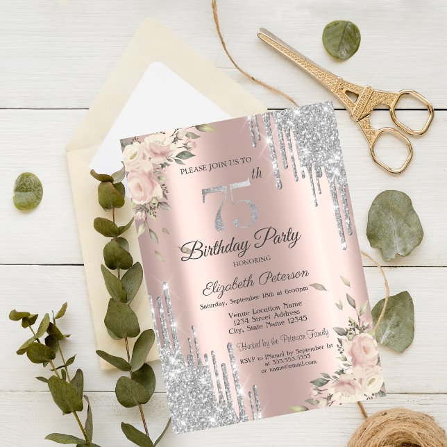 Convite Pingo de Brilho, Flores Dourado Rosa Aniversário d (Criador carregado)
