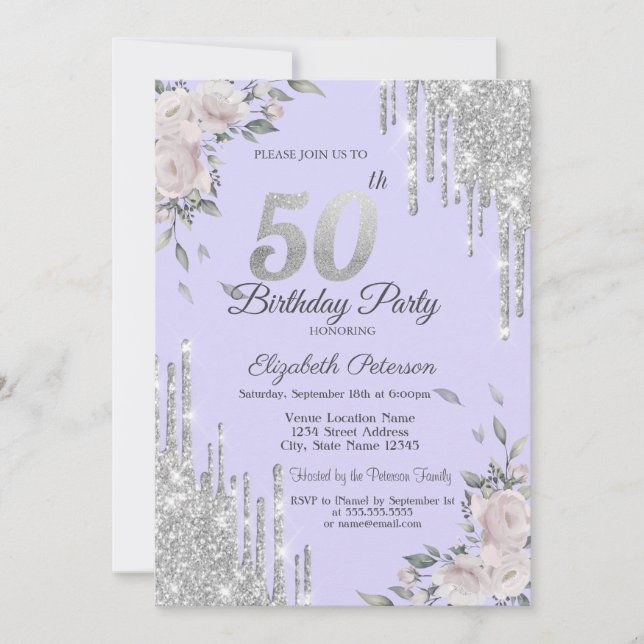 Convite Pingo de Brilho, Flores Lavanda 50º Aniversário (Frente)