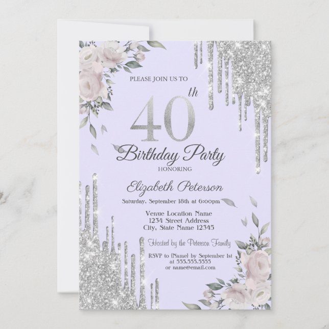 Convite Pingo de Brilho, Flores Lavanda Aniversário de 40  (Frente)