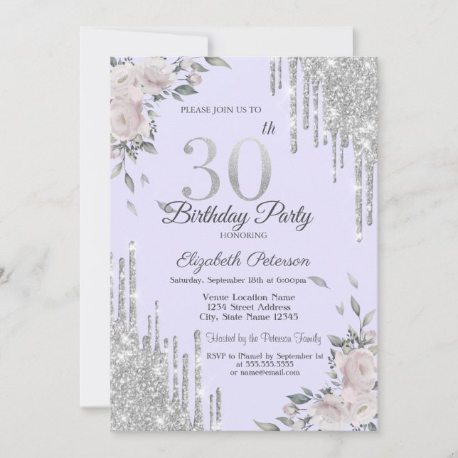 Convite Pingo de Brilho, Flores Roxo Aniversário de 30 ano (Frente)