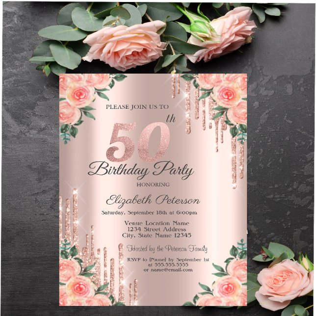 Convite Pingo de Brilho Moderno Dourado Rosa Floral 50º (Criador carregado)