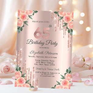 Convite Pingo de Brilho Moderno Floral Dourado Rosa 65º An