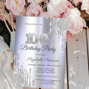 Convite Pingo de Brilho Prateado Aniversário de 100 anos R