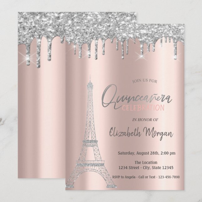 Convite Pingo de Brilho Prateado, Quinceanera Torre Eiffel (Frente/Verso)