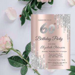 Convite Pingo de Brilho Prateado Rosa Dourado Aniversário