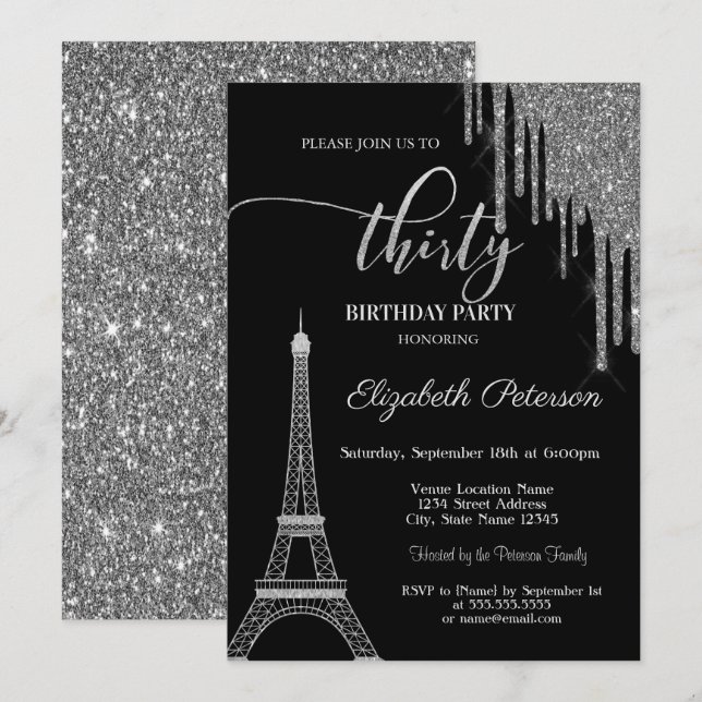 Convite Pingo de Brilho Prateado, Torre Eiffel Aniversário (Frente/Verso)