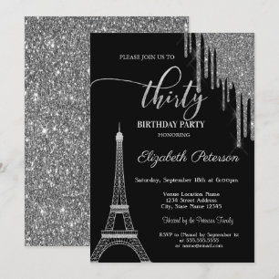 Convite Pingo de Brilho Prateado, Torre Eiffel Aniversário