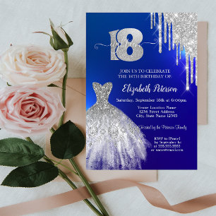 Convite Pingo de Brilho Prateado,Vestido Azul Aniversário