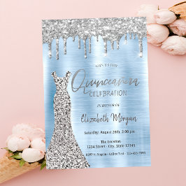 Convite Pingo de Brilho Prateado, Vestido Azul Quinceañera
