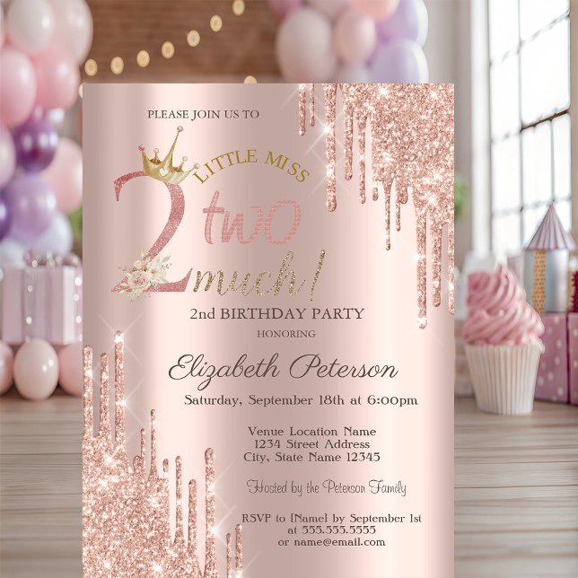 Convite Pingo de Brilho Rosa Dourado 2º Aniversário (Criador carregado)
