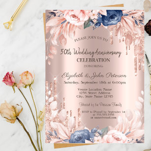 Convite Pingo de Brilho Rosa Dourado Floral Casamento Aniv