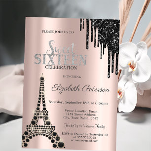 Convite Pingo de Brilho, Torre Eiffel Preta Sweet 16