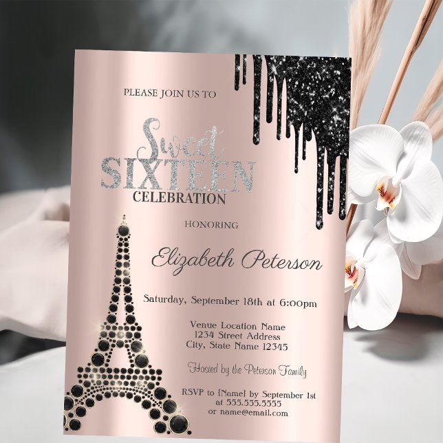 Convite Pingo de Brilho, Torre Eiffel Preta Sweet 16 (Criador carregado)