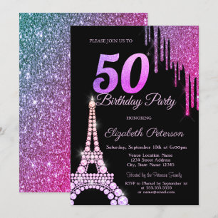 Convite Pingo de Brilho,Torre Eiffel Preto Aniversário de