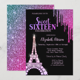 Convite Pingo de Brilho, Torre Eiffel Preto Sweet 16