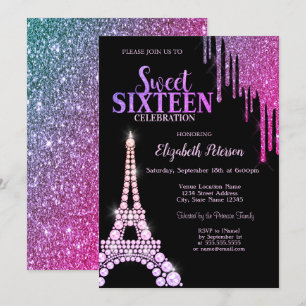 Convite Pingo de Brilho, Torre Eiffel Preto Sweet 16