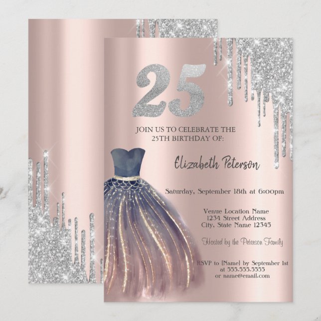 Convite Pingo de Brilho, Vestido Chique Aniversário de 25  (Frente/Verso)