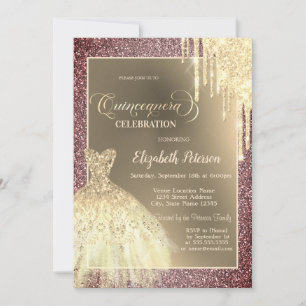Convite Pingo de Brilho, Vestido Rosa Dourado Brilhante Qu