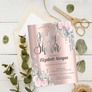 Convite Pingo de Prata Floral em Dourado Rosa Chá de Bebê