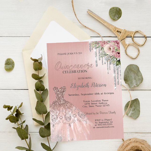 Convite Pingo de Prata, Flores de Vestido Rosa Quinceanera (Criador carregado)