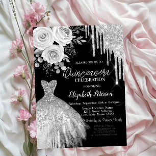 Convite Pingo de Prata, Rosas Vestido Preto Quinceanera