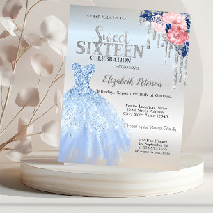 Convite Pingo de Purpurina Prata, Flores de Vestido Azul S